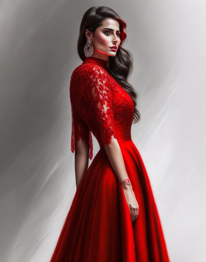 Illustration of woman in red lace dress with flowing hair and striking makeup