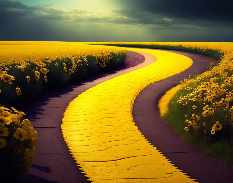 Scenic yellow brick road in vibrant flower field under cloudy sky