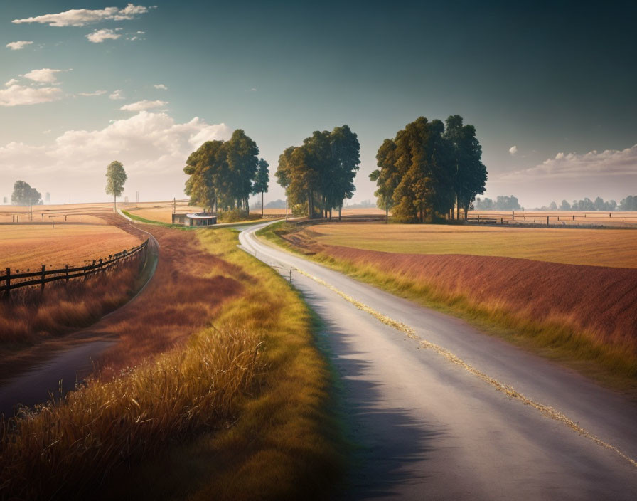 Golden fields and tree-lined rural road under hazy sky