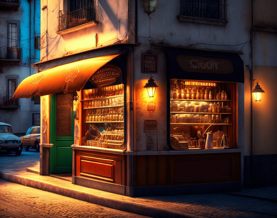 Charming bakery at dusk with warm interior lighting and vintage car