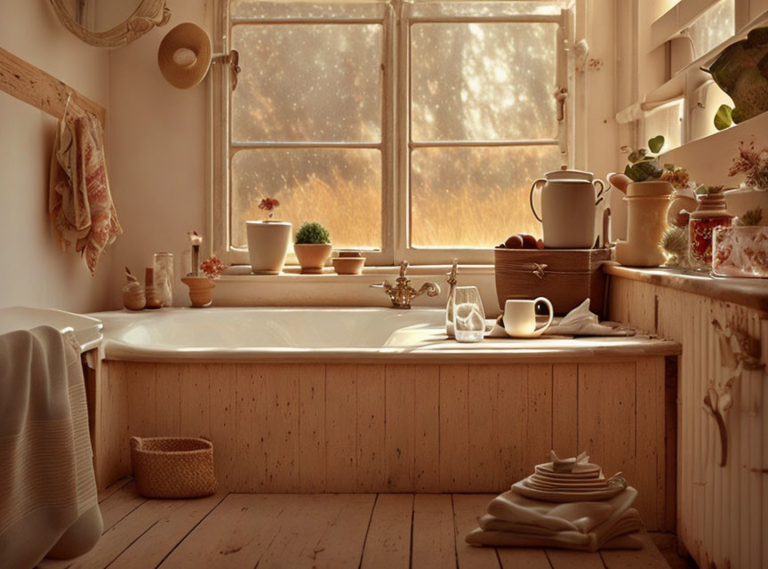 Clawfoot tub in cozy bathroom with wooden floors