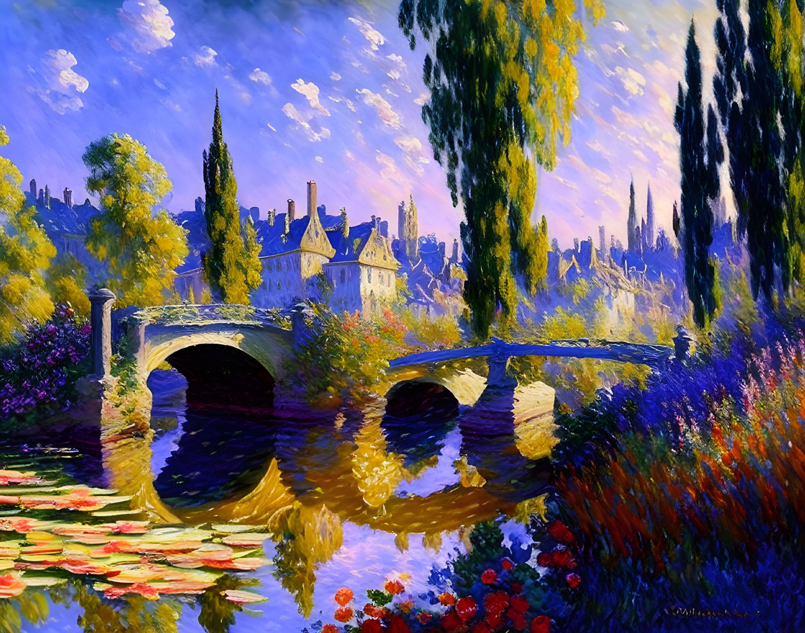 Impressionist-style painting of stone bridge, river, flowers, and trees