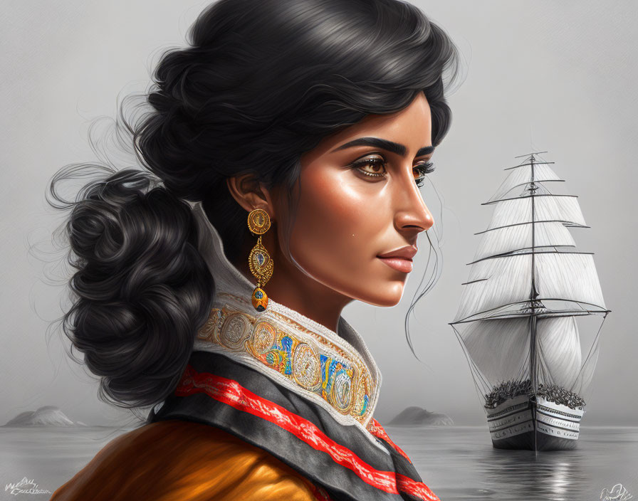 Portrait of woman with dark hair and gold earrings by misty sea.