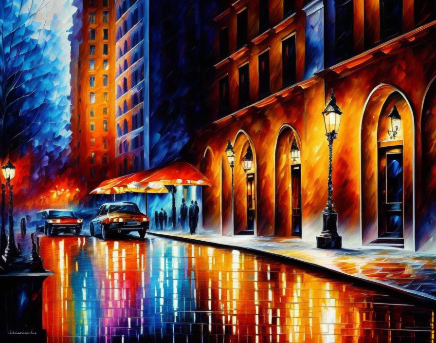 Colorful city street painting: rainy night scene with reflections and glowing lights