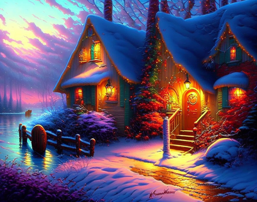 Snow-covered cottage with warm lights by tranquil lake