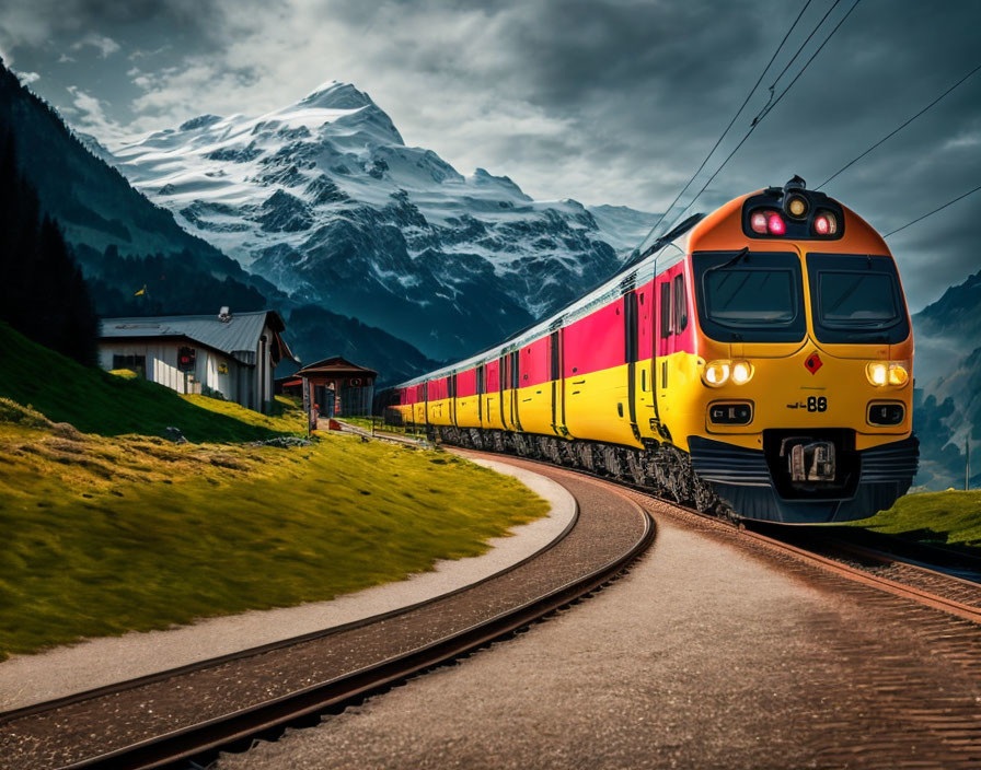 Colorful train crosses snowy mountains under dramatic sky