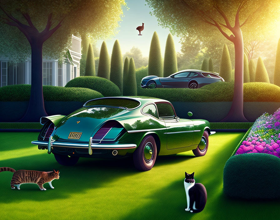 Detailed illustration of vintage car in green setting