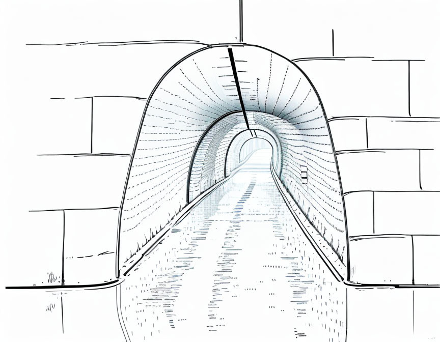 Monochrome sketch of curved tunnel through brick wall with distant light