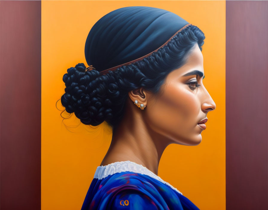 Traditional Hairstyle and Blue Attire on Woman Against Yellow Background