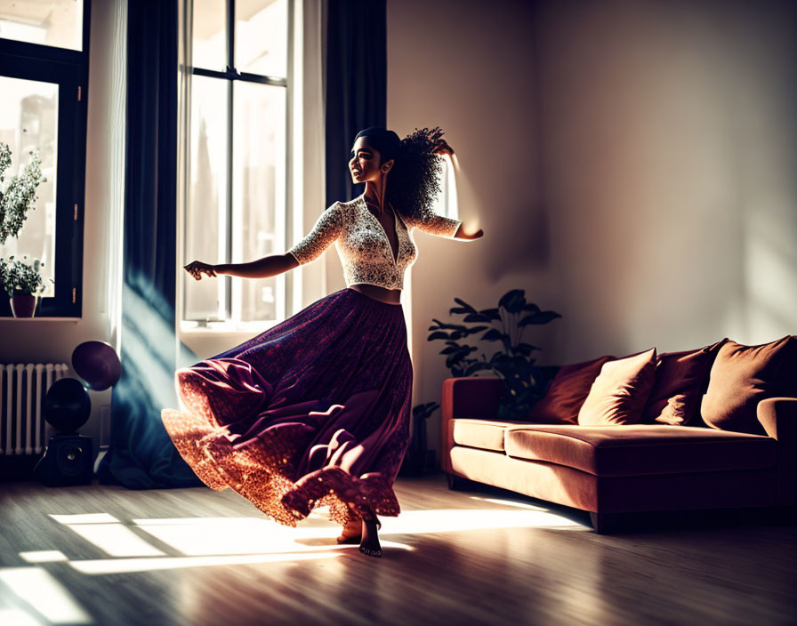 Woman joyfully dancing in sunlit room with dramatic shadows.