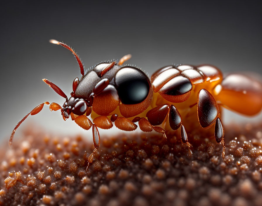 Shiny ant with large eyes on textured surface