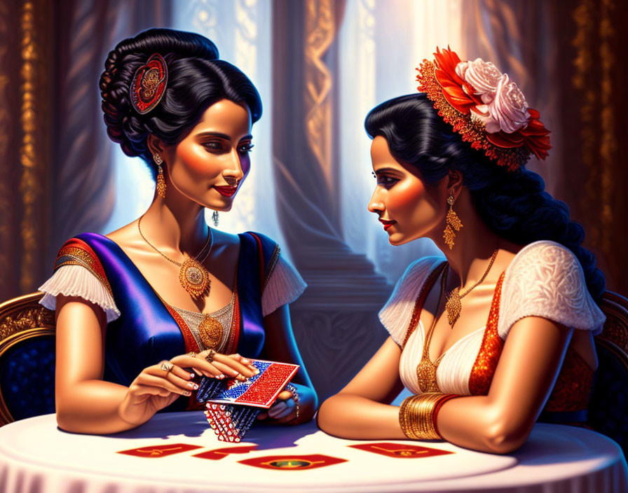 Stylized women in elaborate outfits playing cards against luxurious background