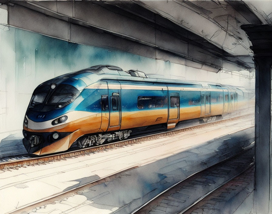 Modern Watercolor Illustration of Blue and Yellow Train at Station