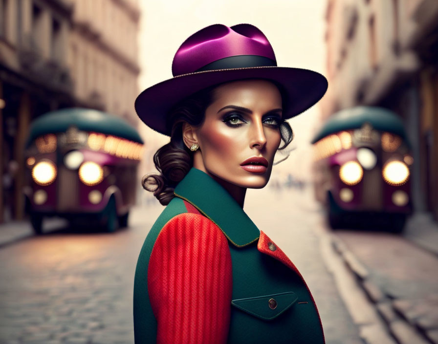 Colorful Hat and Green Coat Woman in Vintage Street Scene with Classic Cars