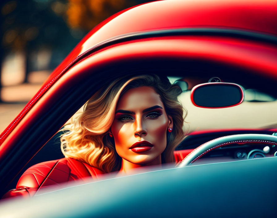 Glam makeup woman in red jacket inside red car with vibrant background