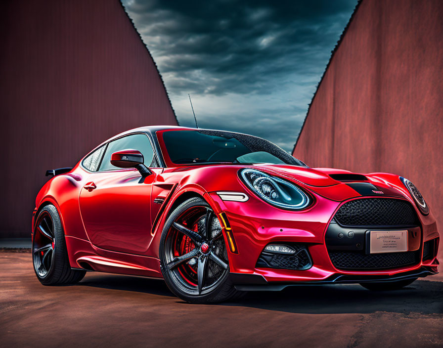 Red Sports Car with Black Detailing and Stylish Rims Against Crimson Background