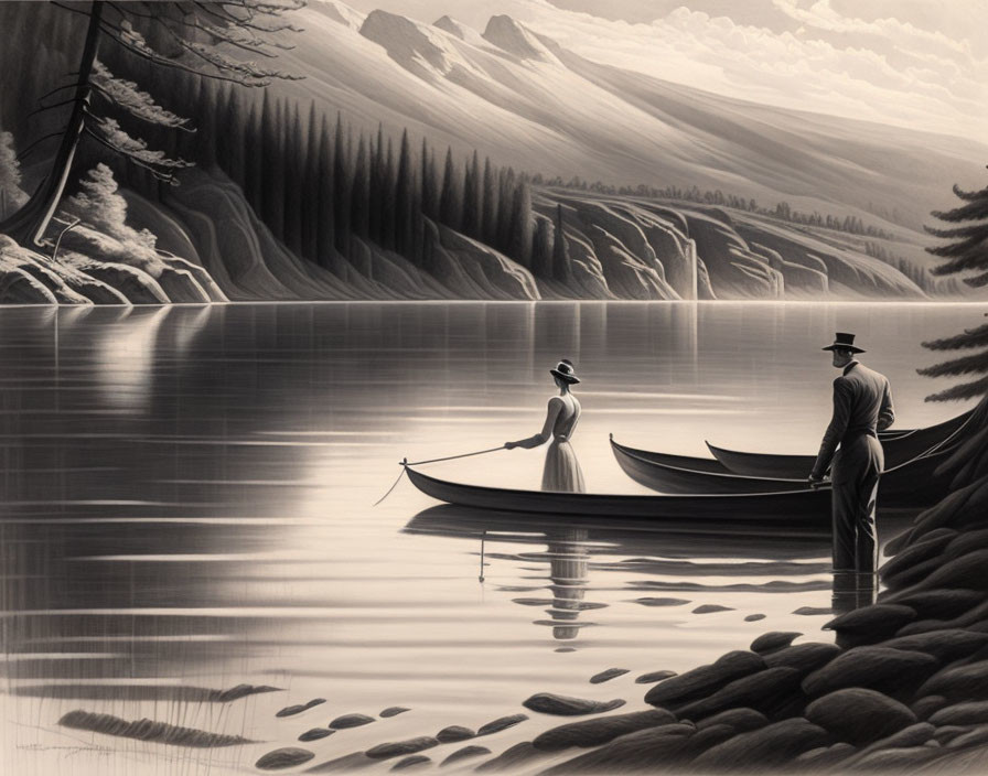 Monochromatic vintage couple illustration by tranquil lake