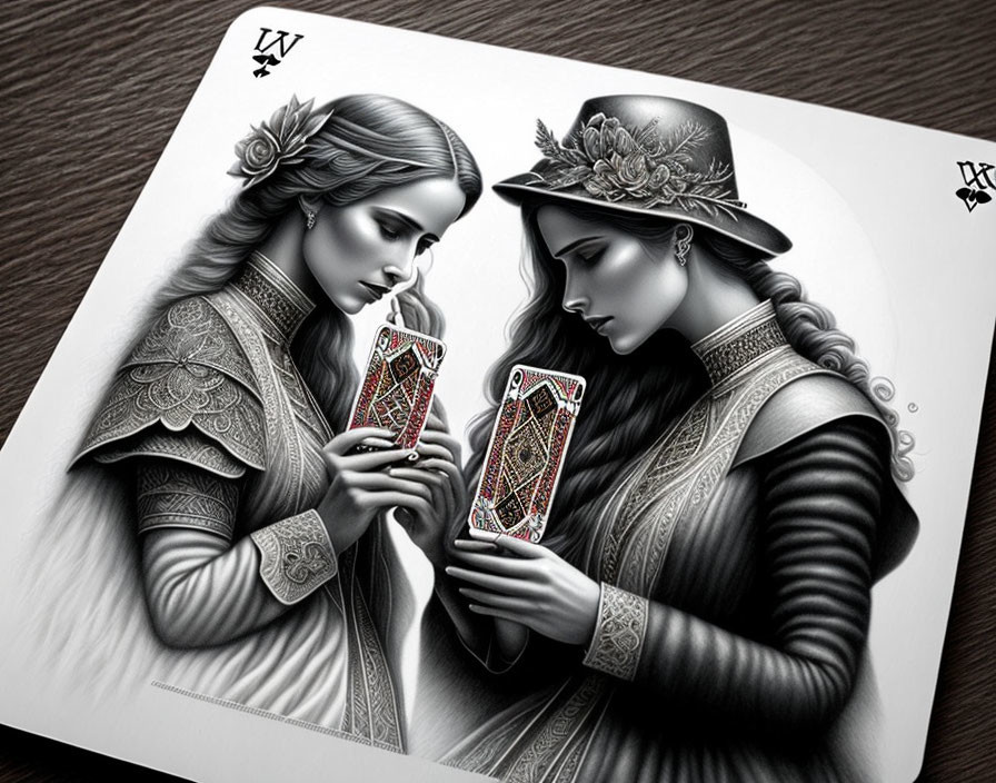 Vintage-themed illustration of two women examining intricate playing cards in monochrome with detailed shading.