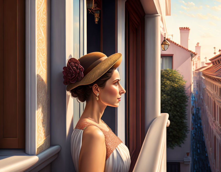 Vintage woman in hat with red flower gazes out window at sunset-lit street