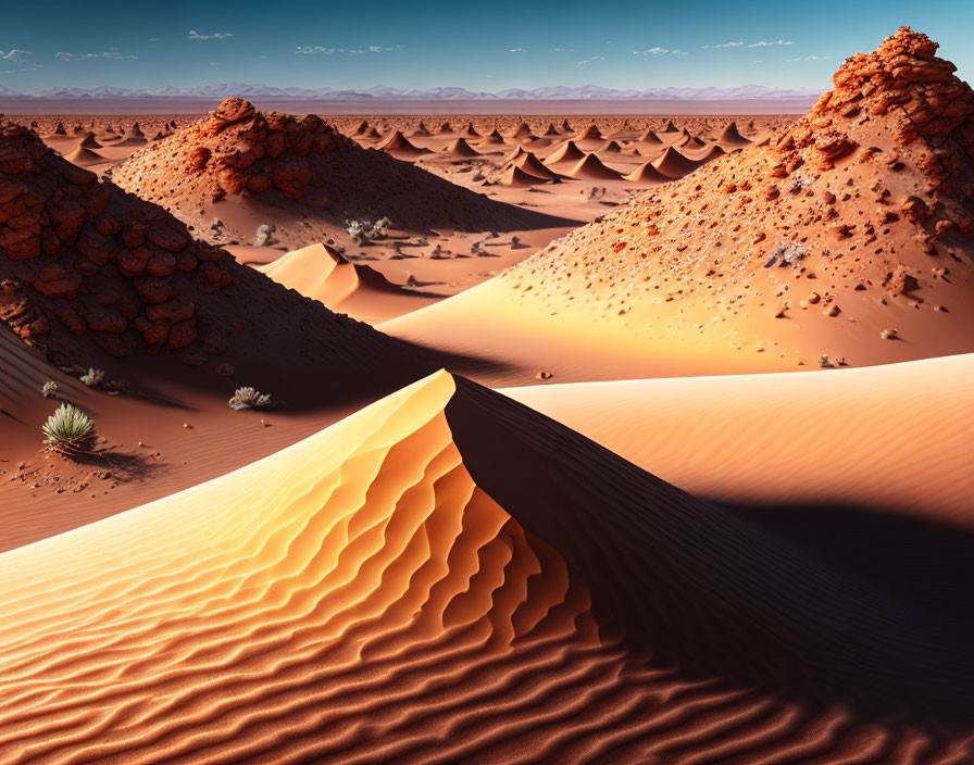 Vast desert landscape with sand dunes, sparse vegetation, and rock formations.