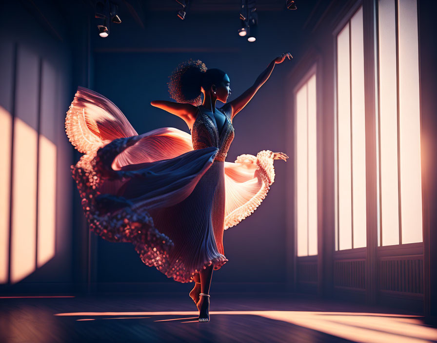 Graceful dancer twirls in flowing dress under dramatic shadows