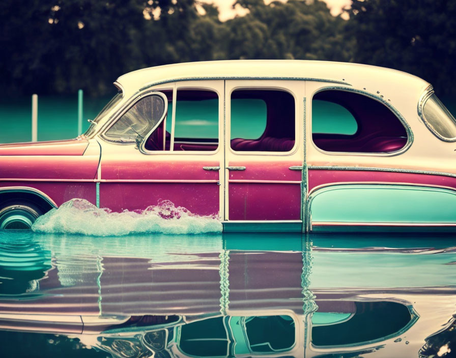 Vintage two-tone car half underwater with tree reflections.