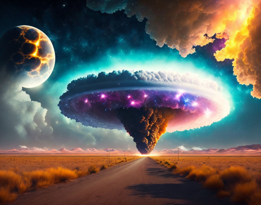 Fantastical landscape with tornado cloud, galaxy, desert road, oversized moon