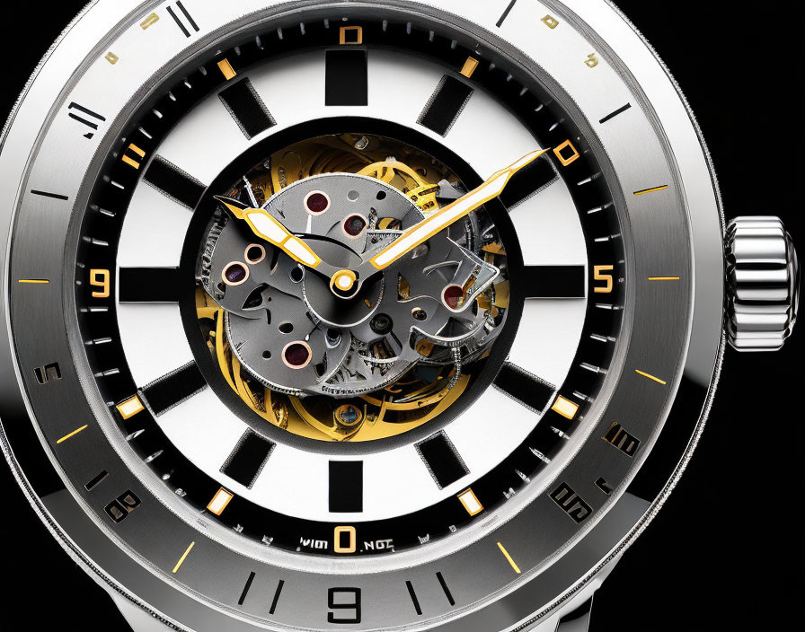 Detailed View: Luxury Watch with Exposed Mechanical Gears and Metallic Hands