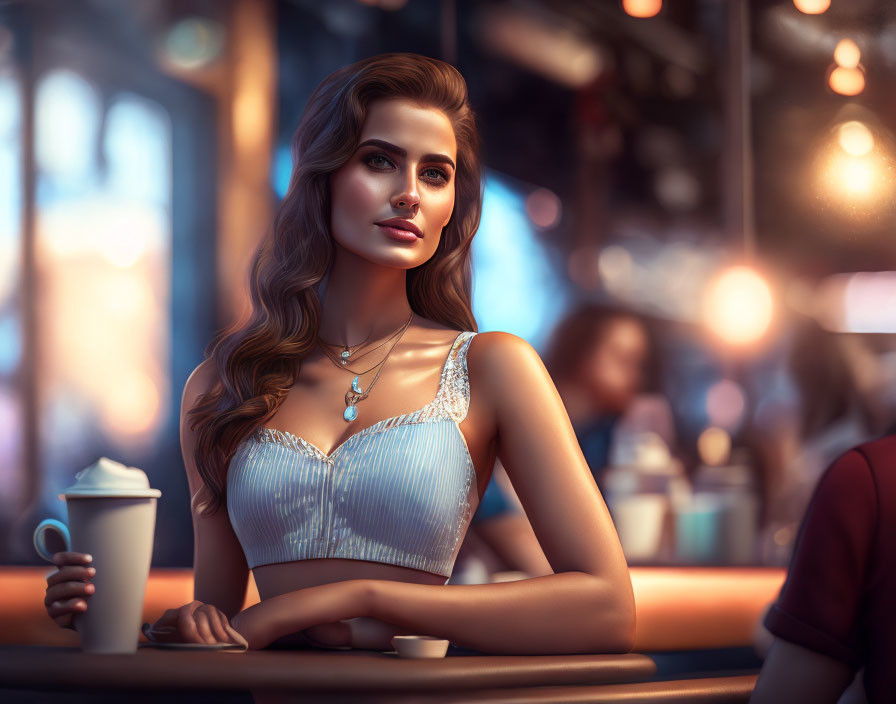 Woman with wavy hair and elegant makeup enjoying coffee at cozy cafe table.