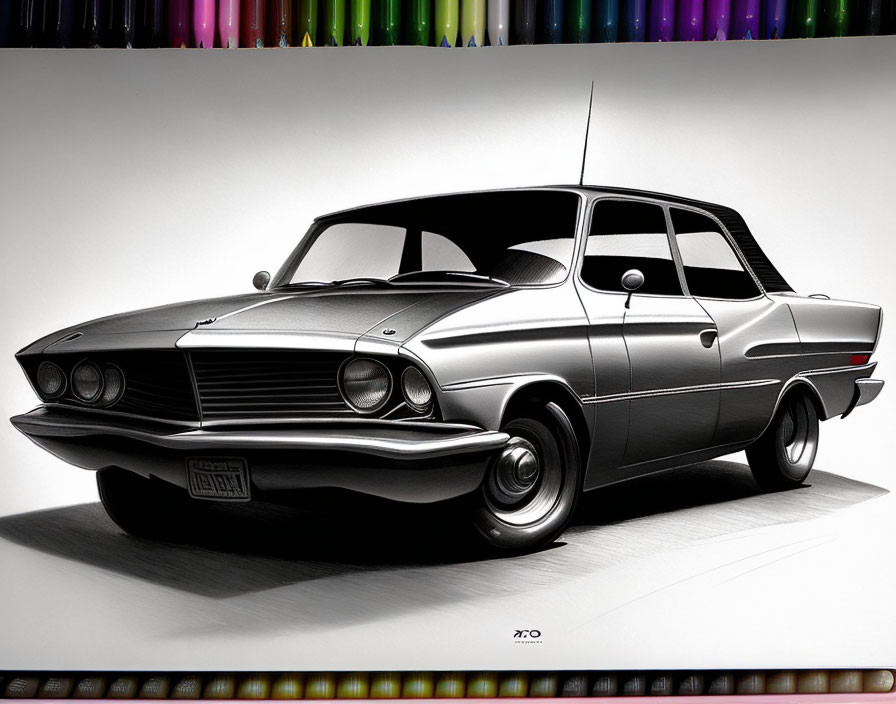 Illustration of Vintage Black Car with Colorful Crayons Reflection