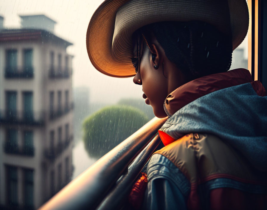 Person in sunhat and jacket looking out rain-spattered window at city buildings.