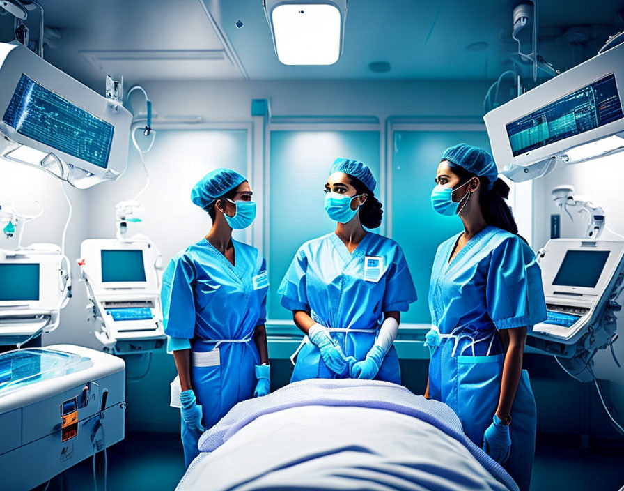 Healthcare Professionals in Scrubs and Masks at Operating Table