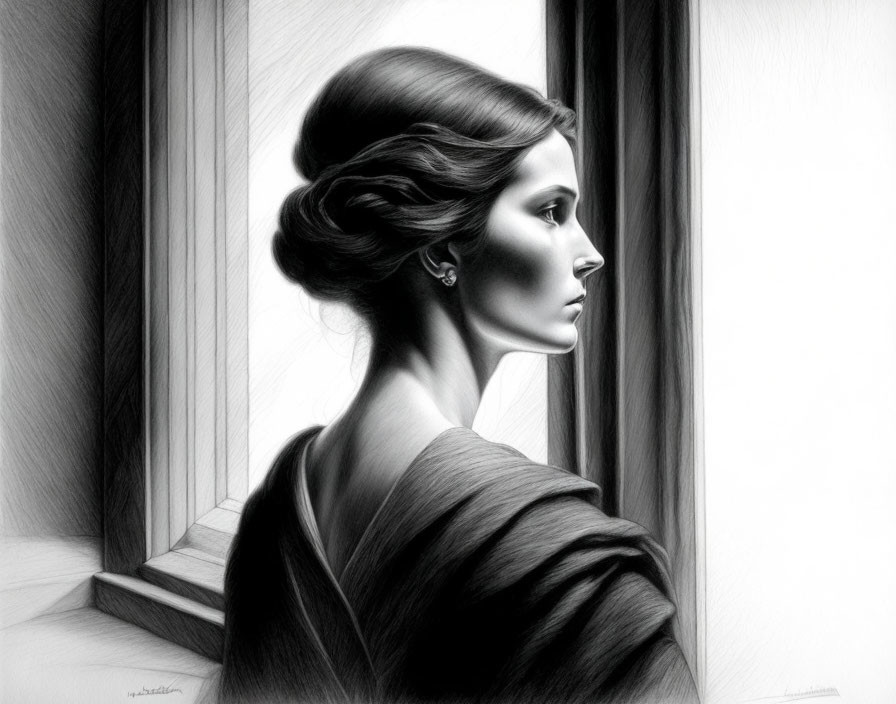 Monochrome drawing of elegant woman with updo hairstyle by window