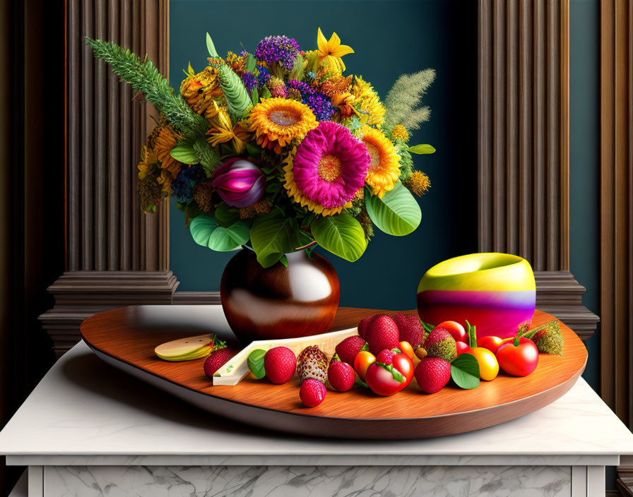 Colorful bouquet of flowers and fruits on wooden tray against teal walls