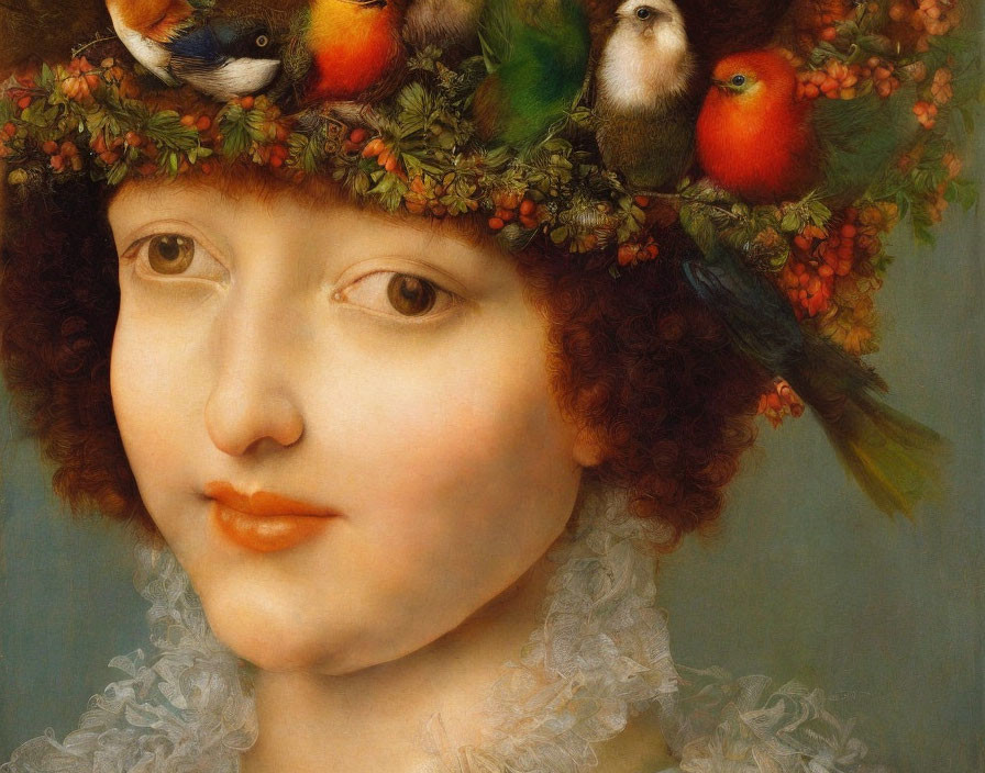 Renaissance-style painting of woman with serene expression and wreath of leaves and birds