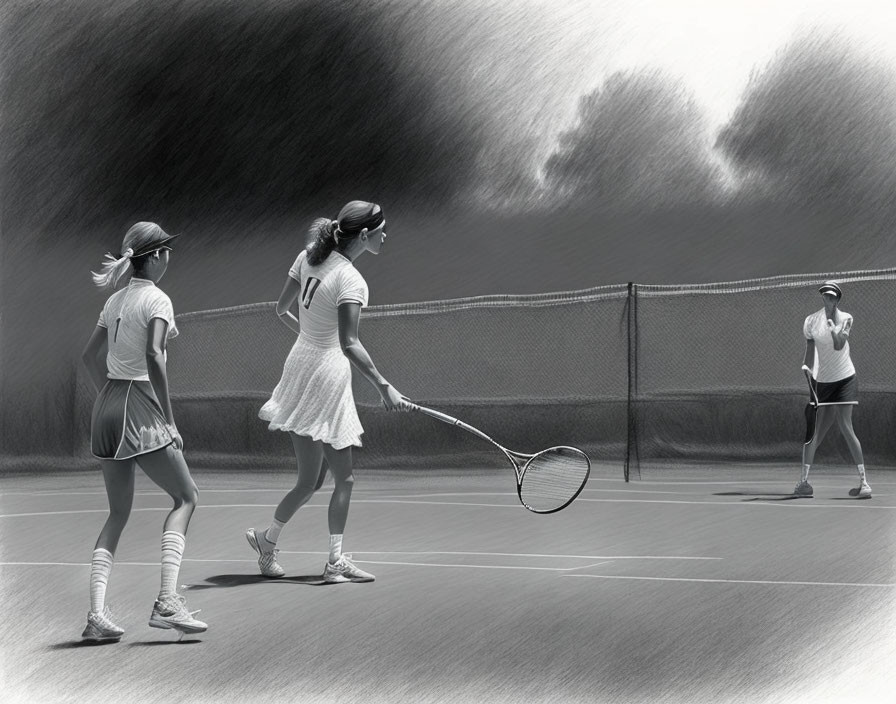 Monochrome digital sketch of female tennis players on court