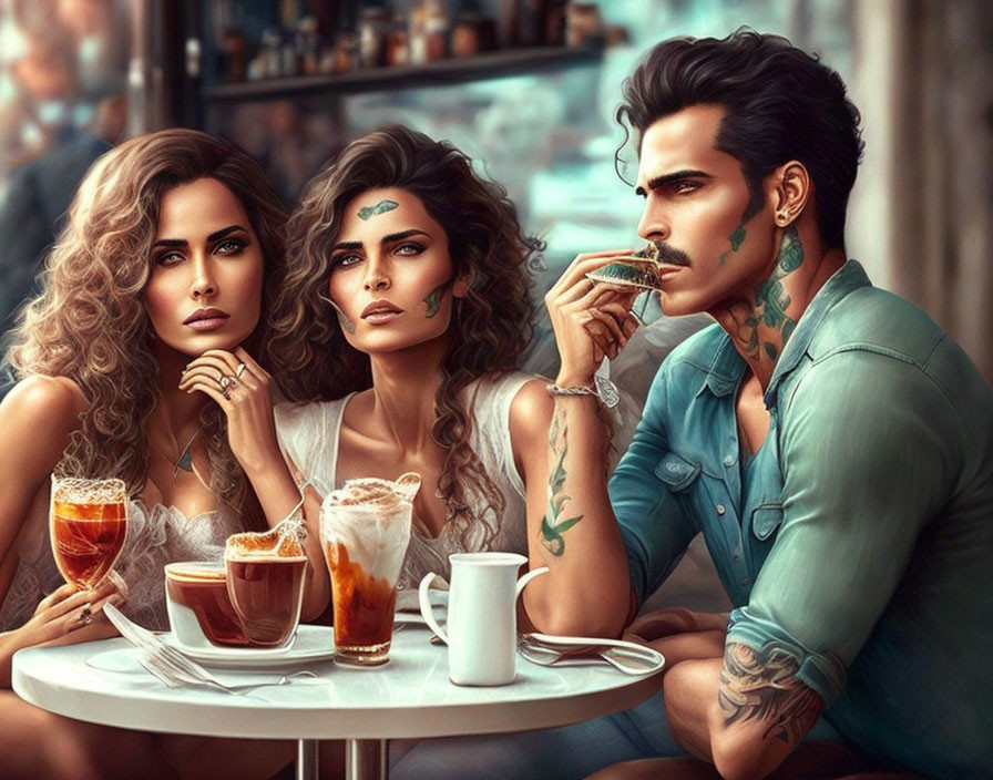 Three stylized people with intricate tattoos at a café table, sipping drinks in artistic setting