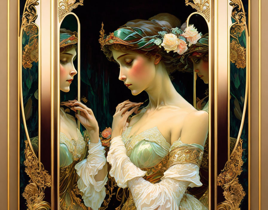 Elegant woman with floral wreath gazes at reflection in golden-framed mirror