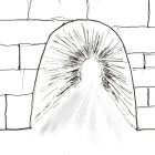 Monochrome sketch of curved tunnel through brick wall with distant light