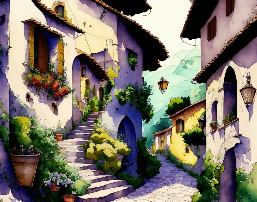 Colorful Watercolor Painting: European Village Alleyway with Steps, Plants, Lanterns