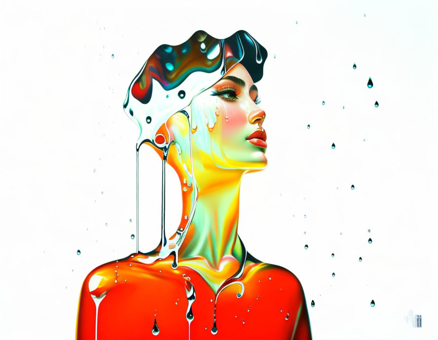 Colorful liquid drips morphing from woman's head in digital artwork