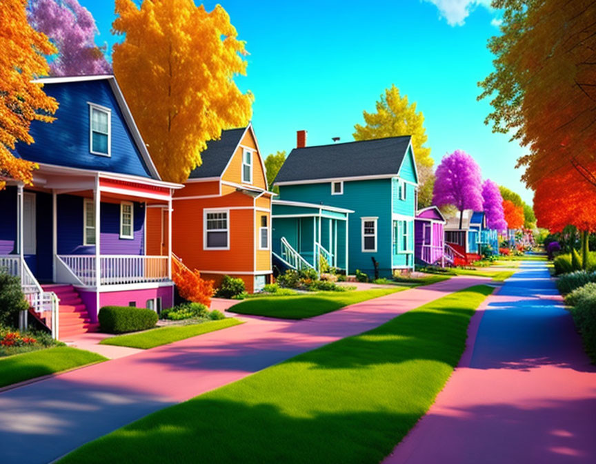 Colorful Street with Vibrant Houses Under Clear Sky