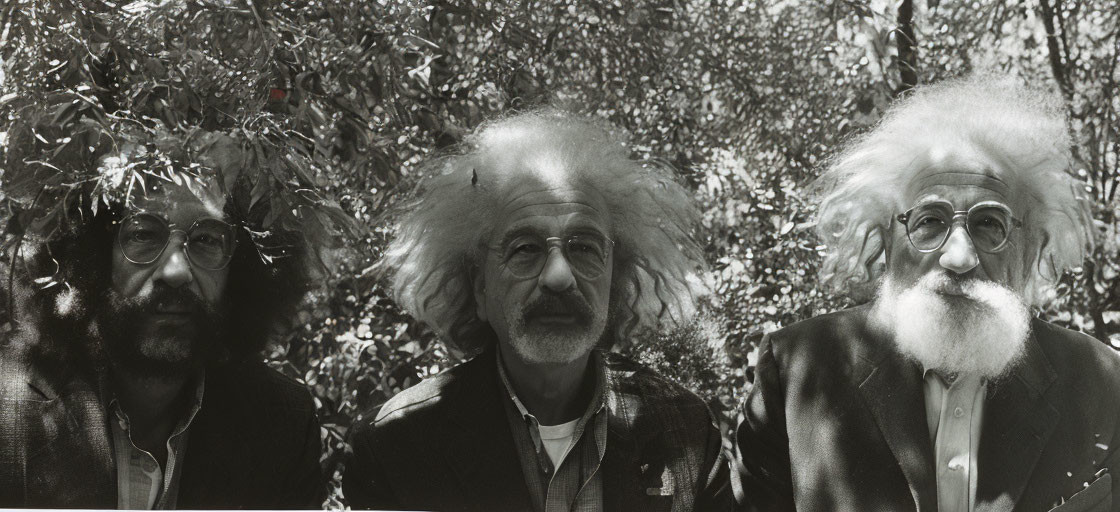 Three men with curly hair and glasses depict various ages against a leafy backdrop