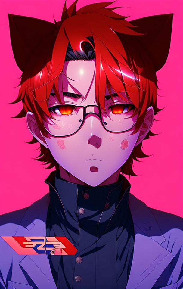 Character with Red Hair and Cat Ears in Glasses and Blue Outfit on Pink Background