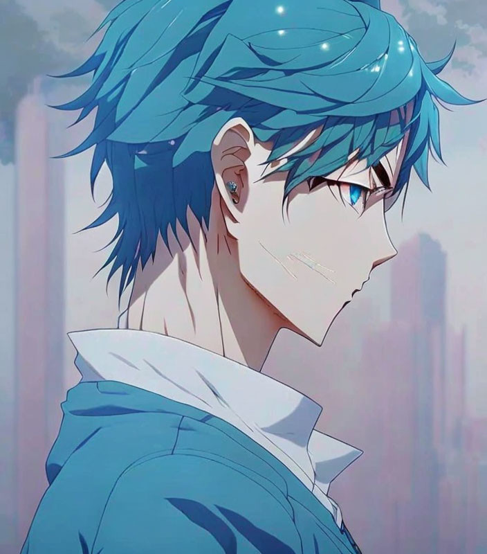 Blue-haired anime character in headphones, gazing thoughtfully, with cityscape backdrop.