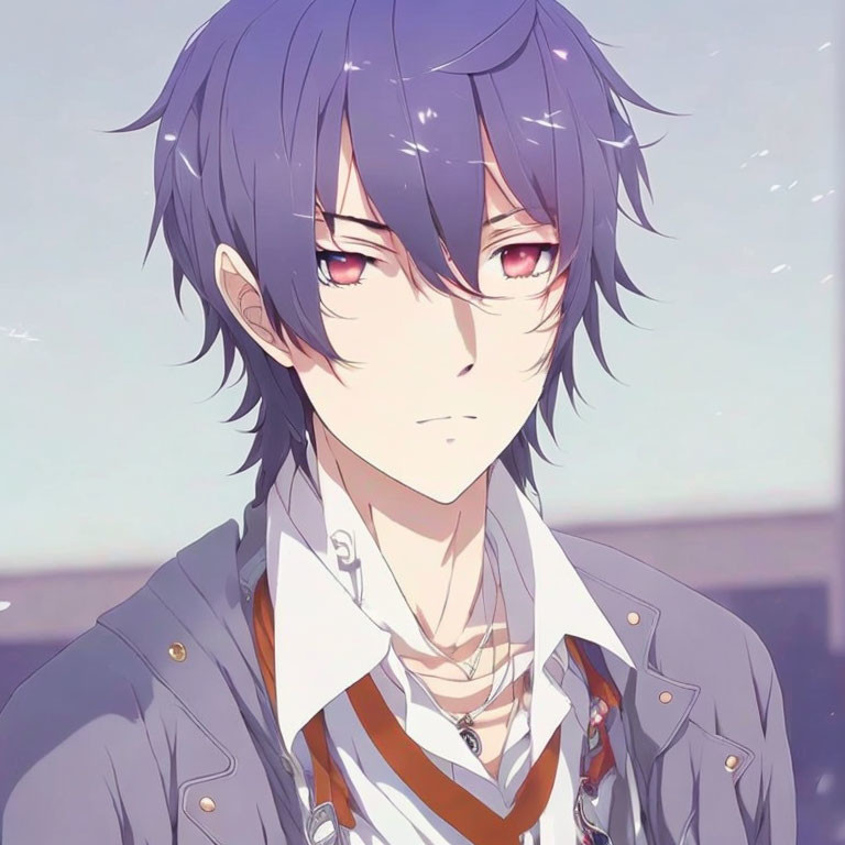 Anime-style male character: Purple hair, red eyes, school uniform.