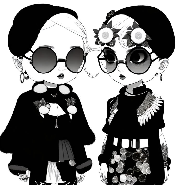 Stylish animated characters in chic black outfits with big eyes