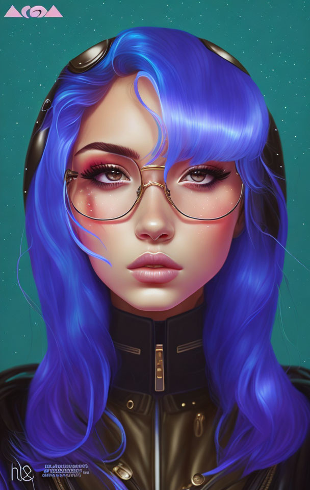 Vibrant blue hair woman in gold glasses and leather jacket on starry backdrop