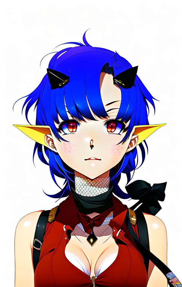 Blue-haired anime character with cat and elf ears in red outfit and choker