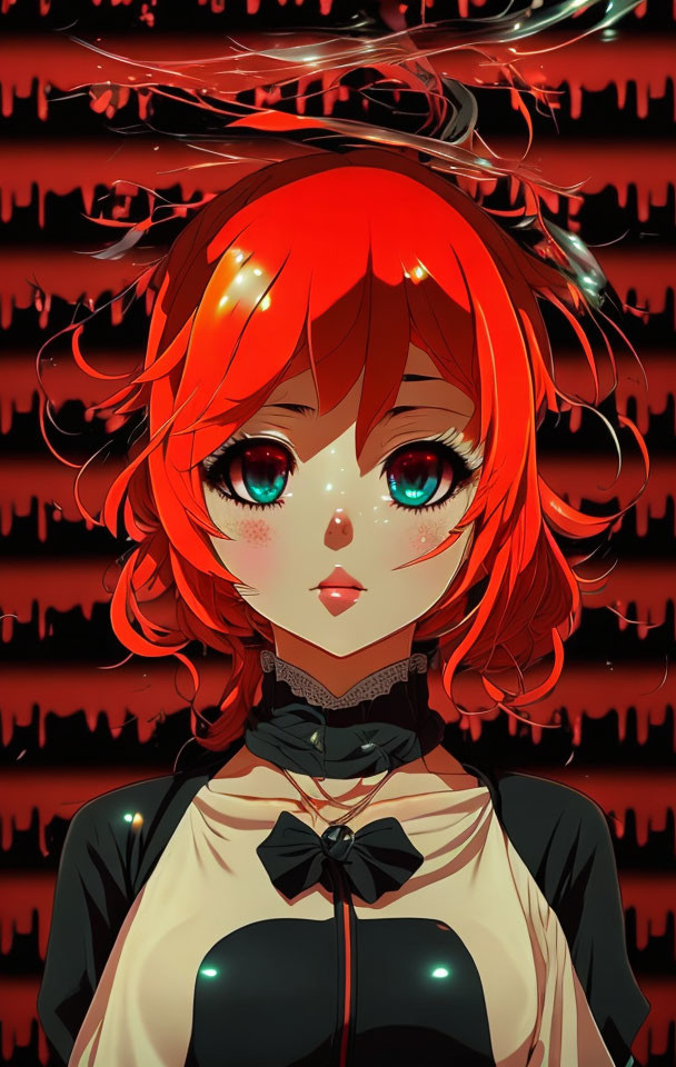 Red-Haired Anime Girl in Black Outfit on Red Background